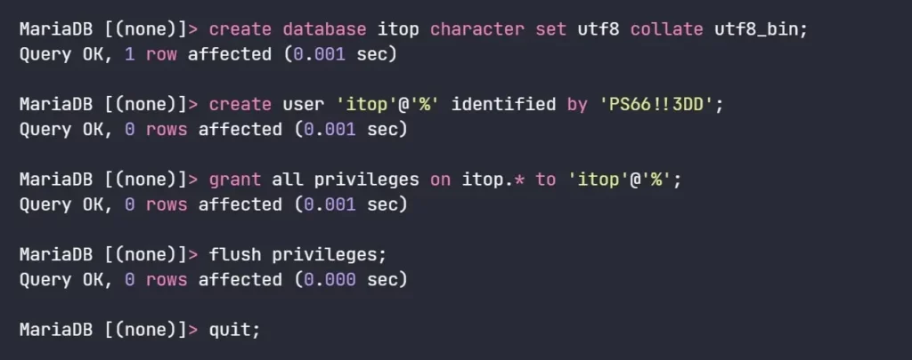 create itop db and user from sql