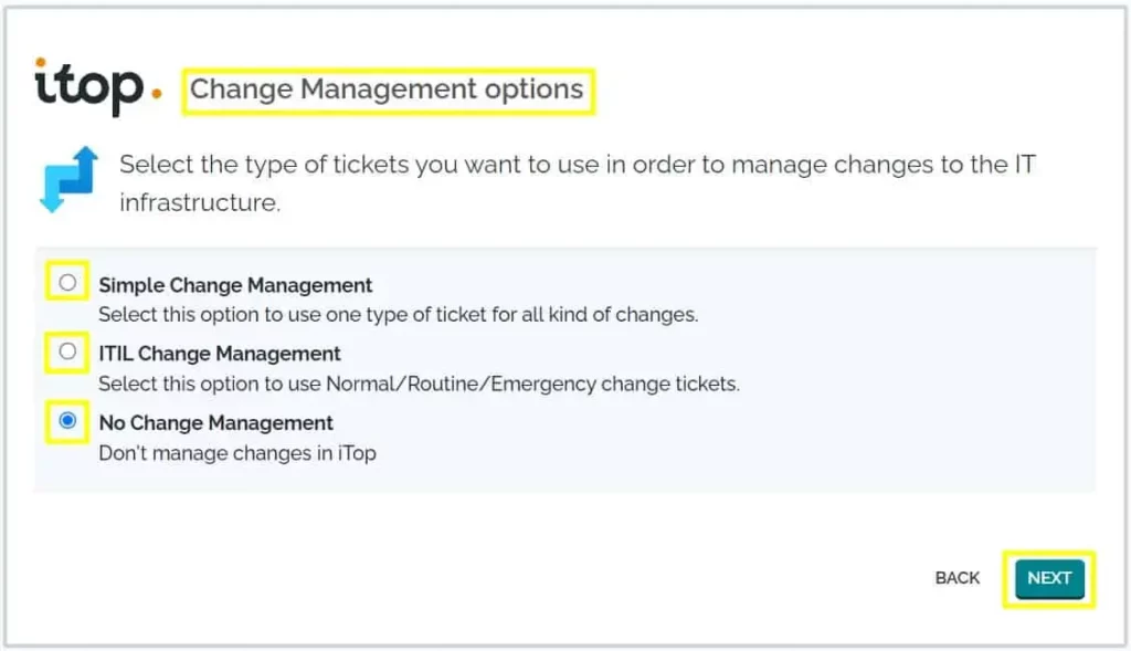 iTop Installation wizard on Ubuntu 22.04, Step10, Change Management Options