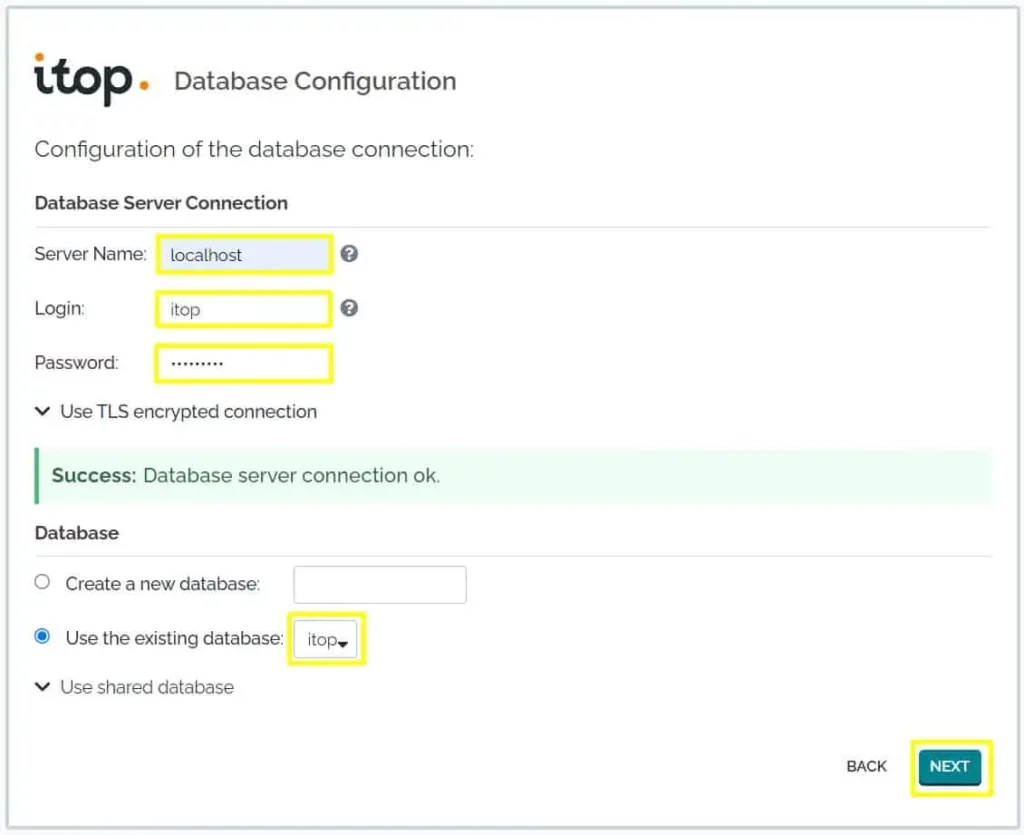 iTop Installation wizard on Ubuntu 22.04, Step4, iTop database configuration