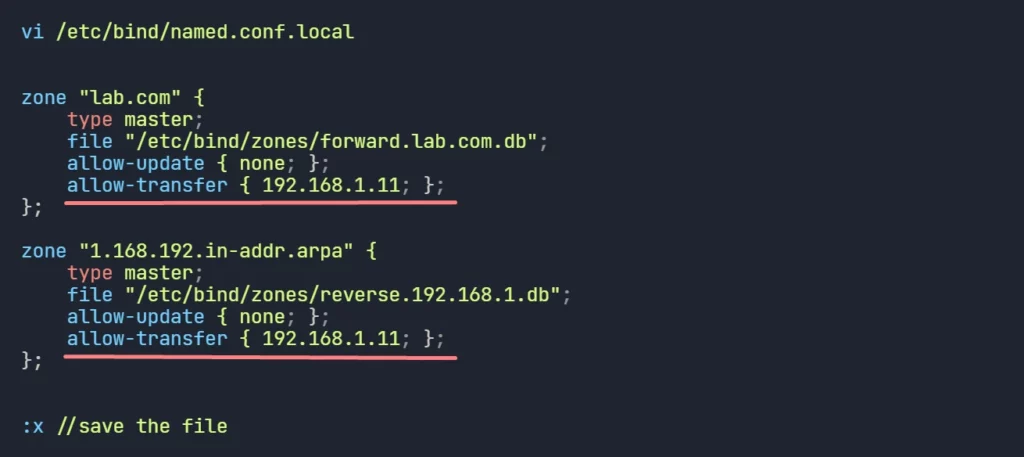 allow secondary dns server for zone transfer