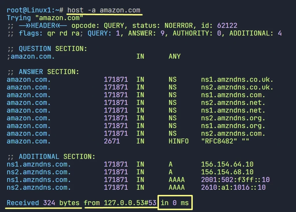 caching dns server cache test with host command