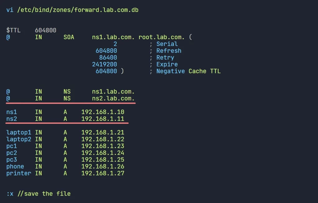 secondary dns server entries on the master dns