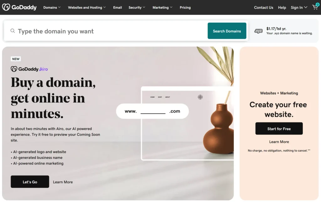 Godaddy domain registration page.