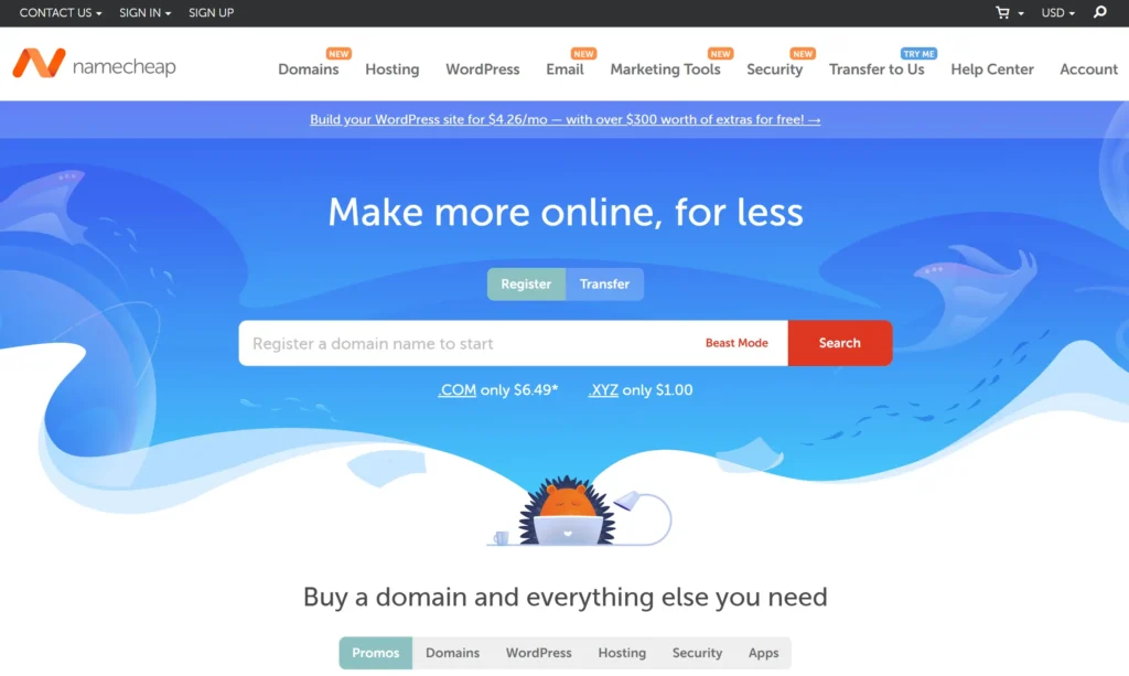 Namecheap domain registration page.